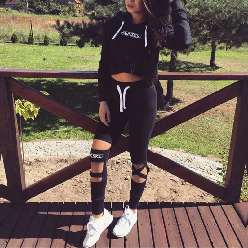 

KLV Crop Top Hoodie + Pants Set Cut Out Bottoms Hooded Tracksuit Suit