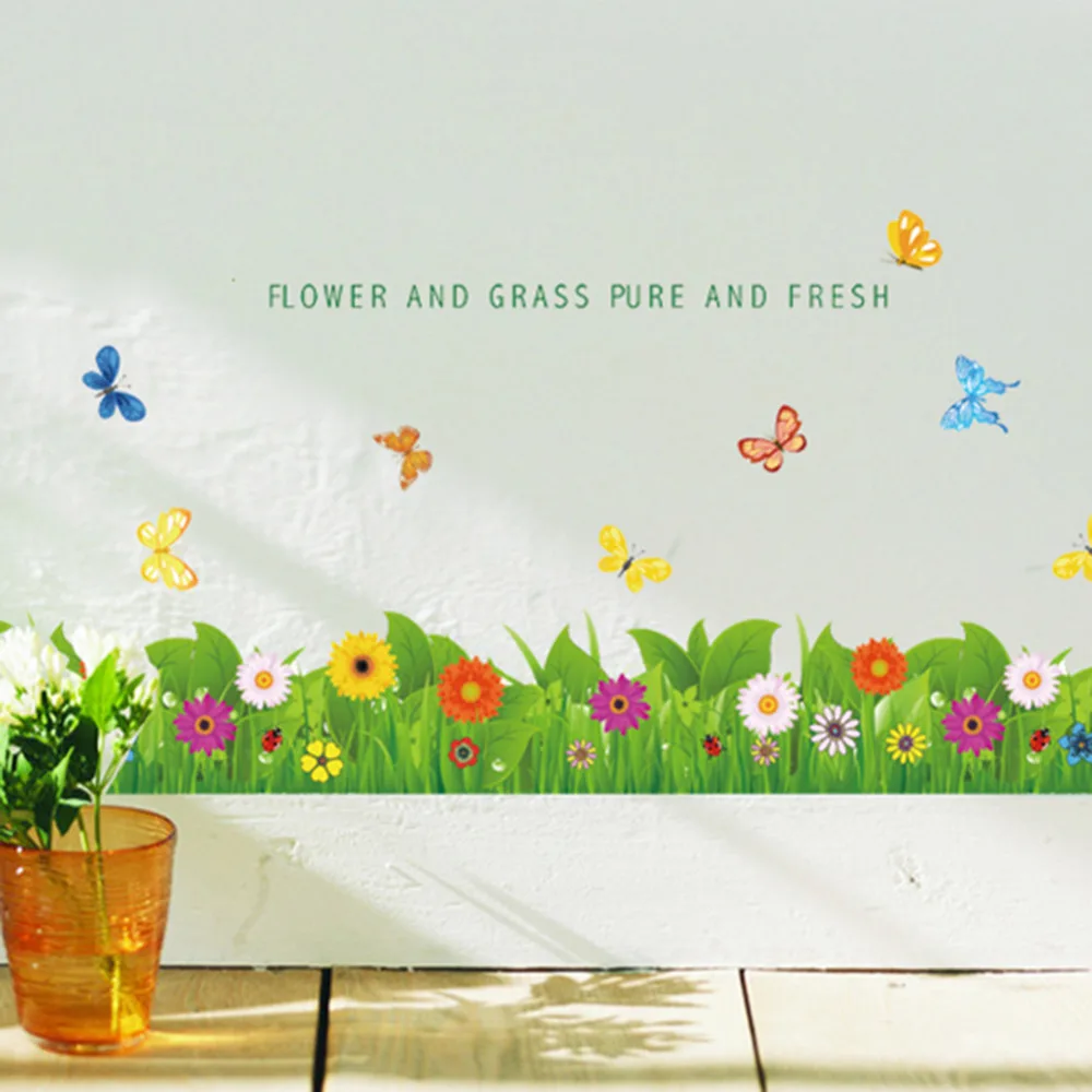 Verde Hierba Flor Mariposa Pared Pie Pegatinas De Pared Hierba