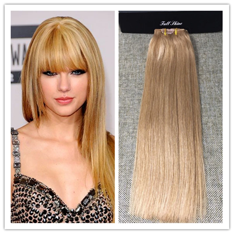 Full Shine 7Pcs Clip in Human Hair Extensions Color 27 Honey Blonde Silky Straight Peruvian