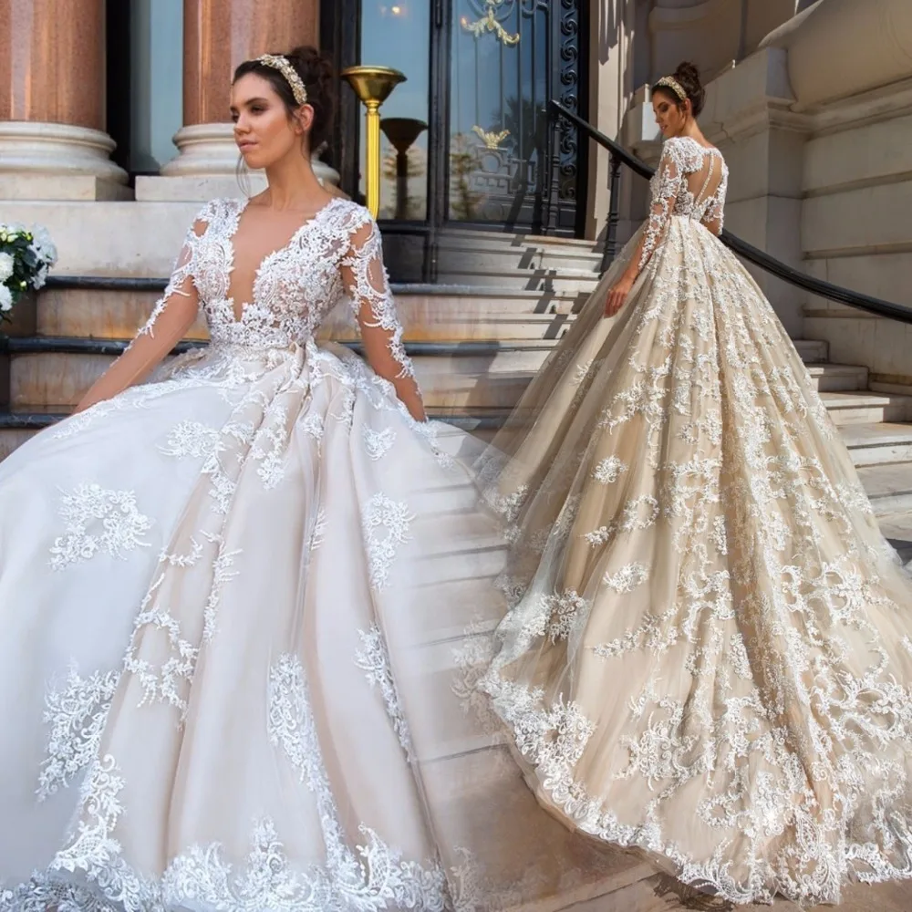 

Vivian's bridal Lace Ball Gown Wedding Dresses 2018 Sexy V Neck Appliques Sheer Long Sleeve Bride Gowns Vintage Vestido De Noiva