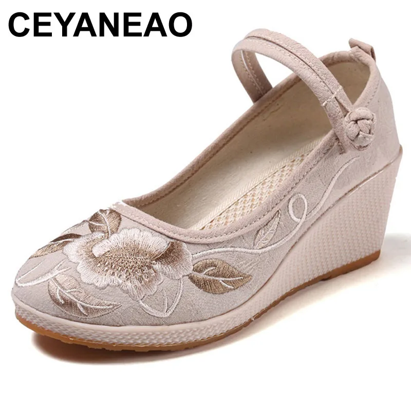 

CEYANEAOHandmade Women Pumps Casual Linen Canvas Embroidered Espadrilles Wedge Platforms Ladies Med Heel Cotton Embroidery Shoes