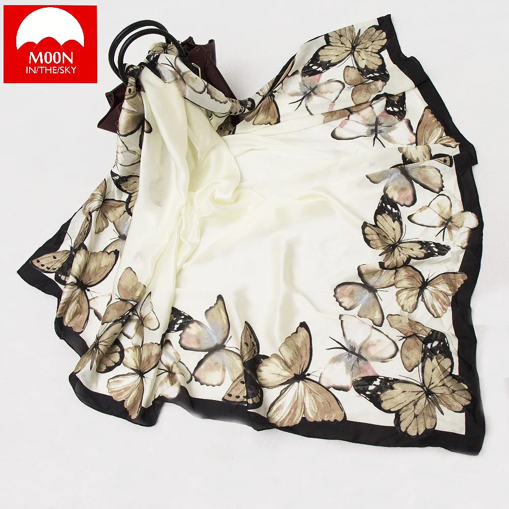 

MOON 140x140cm Silk Scarf Luxury Brand Butterfly Women Real Silk Scarves Shawls Charm Twill Scarf Hijab Shawls