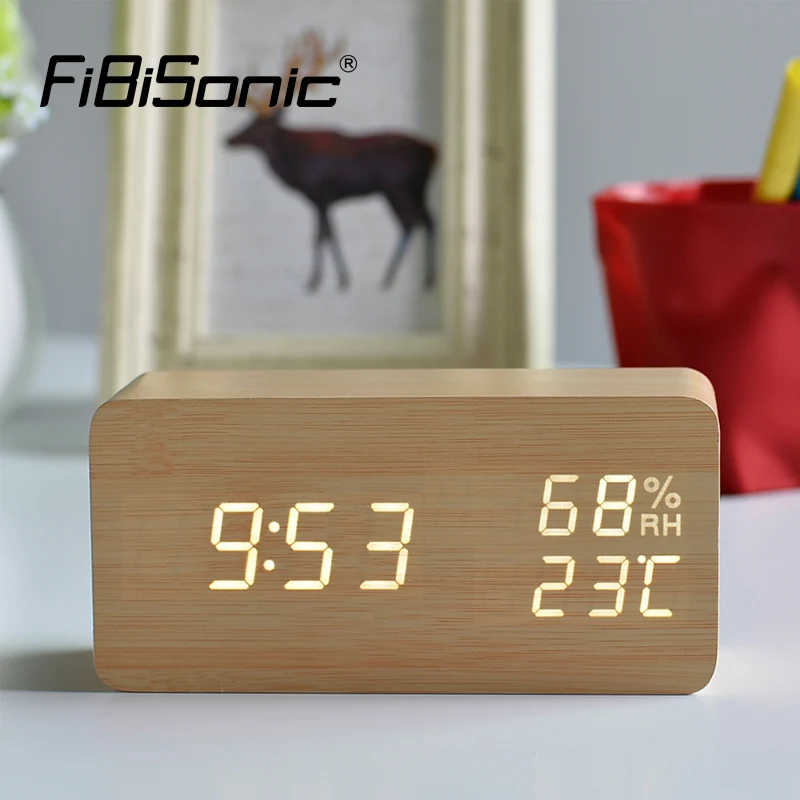 Деревянные светодиодные часы будильник FiBiSonic цифровые настольные Despertador с