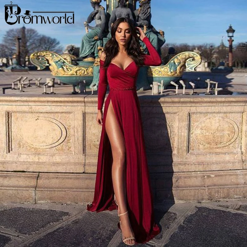 

Burgundy Muslim Evening Dresses 2019 A-Line High Slit V-Neck Islamic Dubai Saudi Arabic Long Sleeve Evening Gown Sexy Prom Dress