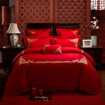 

2018 Wedding red luxury soft 100% cotton Bedding Sets Quality Bed linen Sheets Golden embroidery Duvet Cover Set