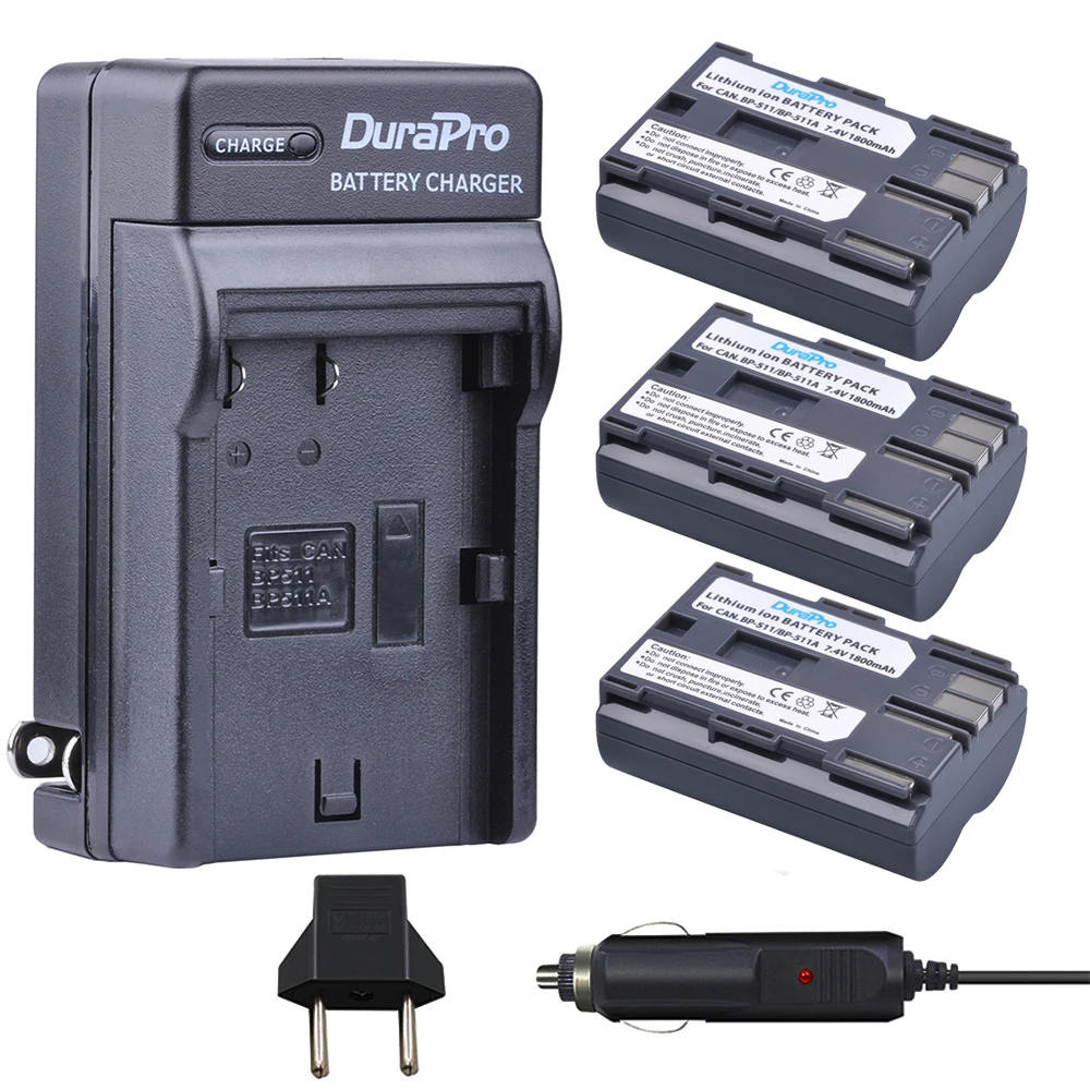 Durapro 3Pc 7.4V 1800Mah Bp-511 Bp 511 Batteria Della Fotocamera + Caricabatteria Da Auto Per Canon Bp-511 Bp-511A Bp 511A 50D 40D 30D D60 D30 5D