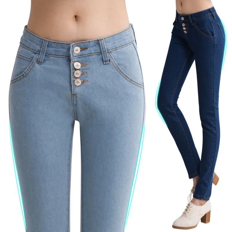 Jeans Women New 2015 Pencil Jeans Lady Fashion Overalls Blue Jeans Mid Waist Denim Trousers 