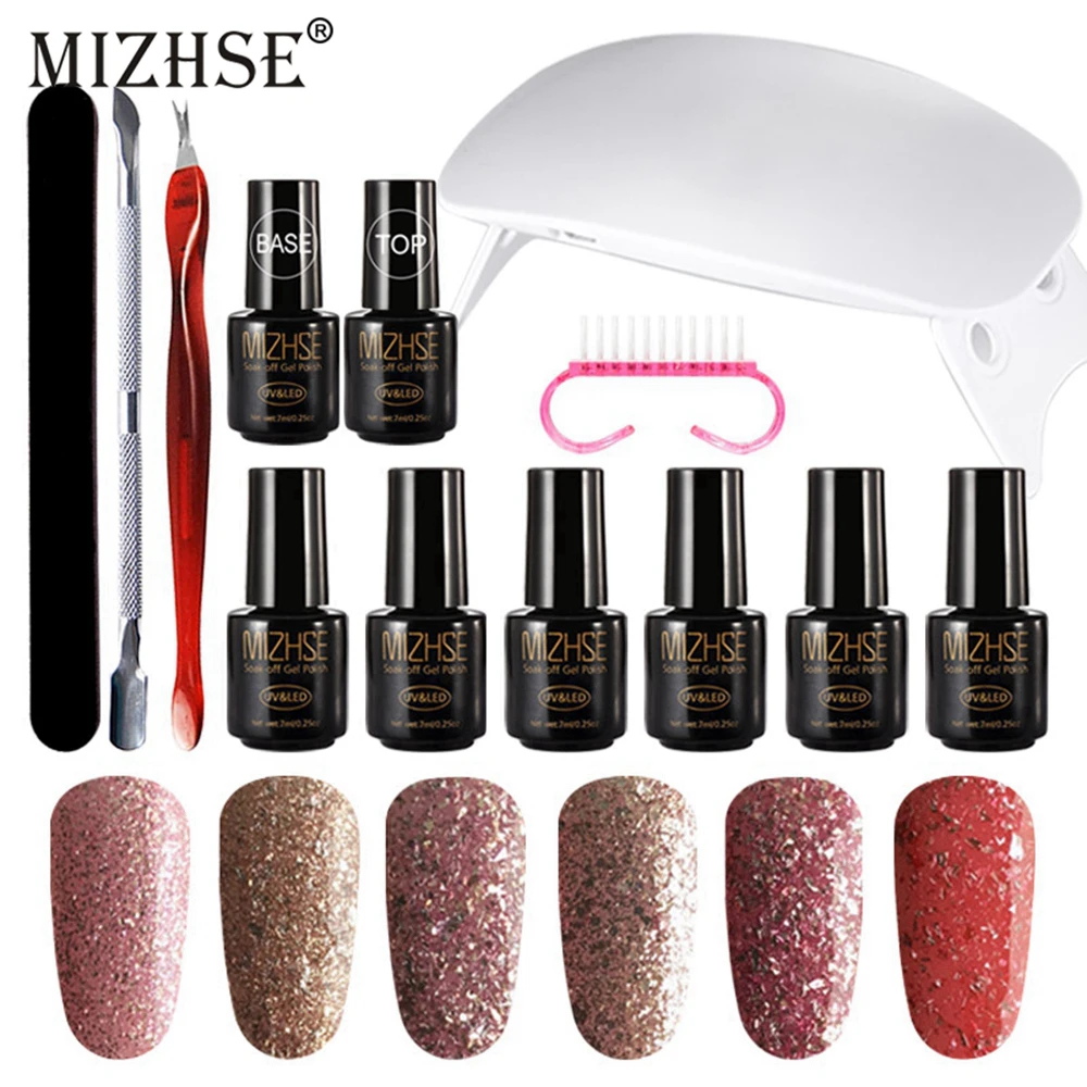 MIZHSE набор гелевых ногтей с 6 Вт УФ-лампой для маникюра Инструменты для дизайна ногтей уход, маникюр набор гель для ногтей с блестками лак 7 мл Праймер, Базовое покрытие