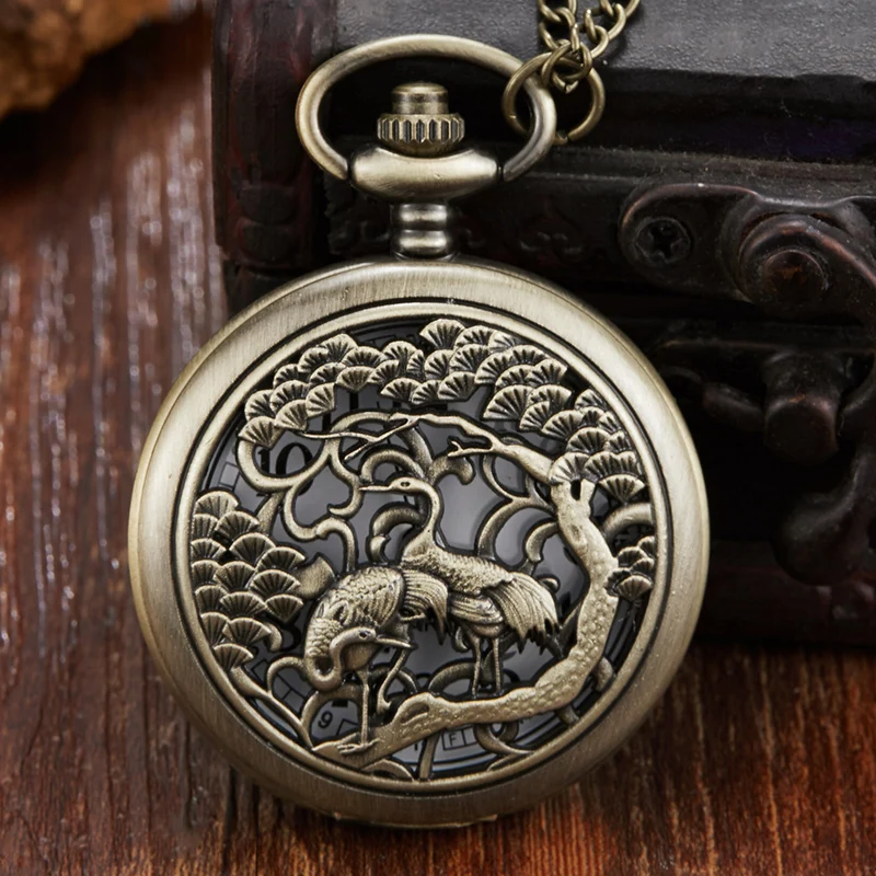 Уникальный бронзовый полый кран карманные часы Китай ретро мужские женские цепочки и ожерелья цепь reloj de bolsillo ретро кварцевые карманные