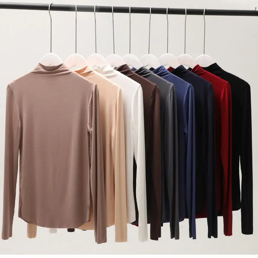 

2019 Spring summer Women New Modal Slim Turtleneck Long Sleeve T-Shirt Solid Simple Large Size Office Lady Undershirt Tops