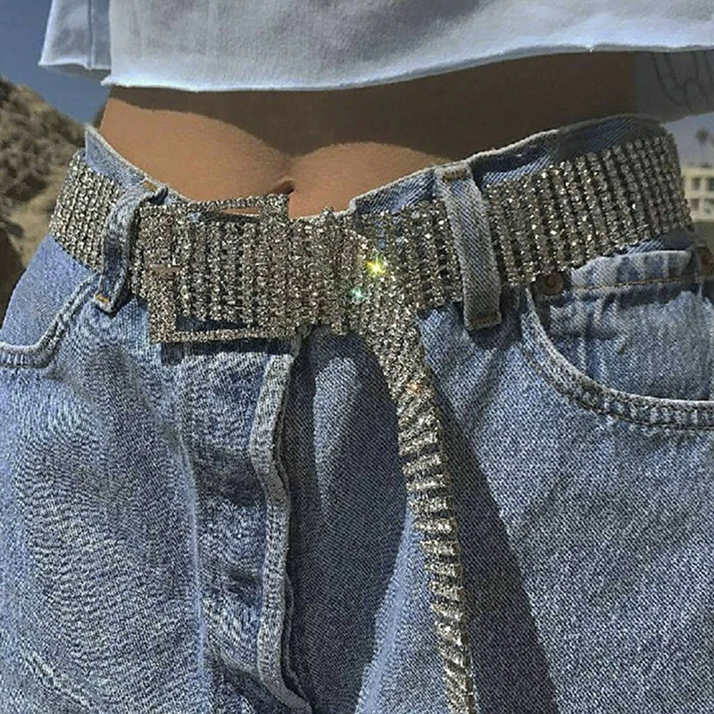 

New Crystal Waist Belts Chain GG Belt Wide Bling Adjustable Waist Belt with Rhinestone Decoration Buckle for Women Jeans Dress