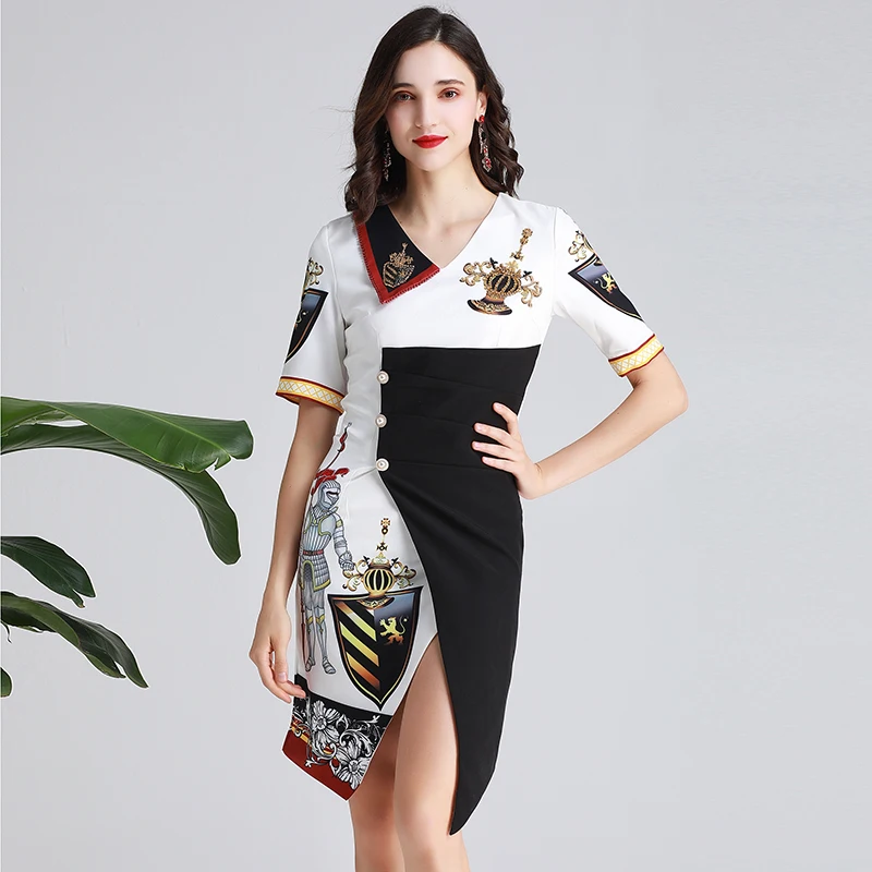

2019 Autumn Fashion Print Slim Dress High Quality Sweet Short Sleeve V_neck Knee Length Female Dress