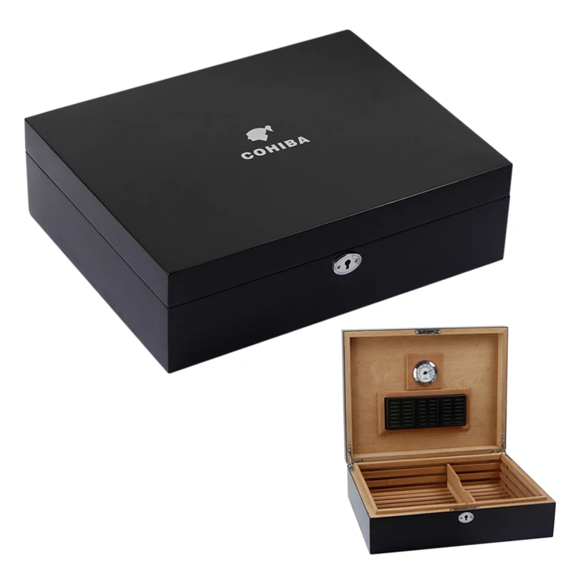 

COHIBA Large Capacity Humidor Cigar Case Cedar Wood Cigar Box Black Cigar Accessories with Cigar Humidifier Hygrometer