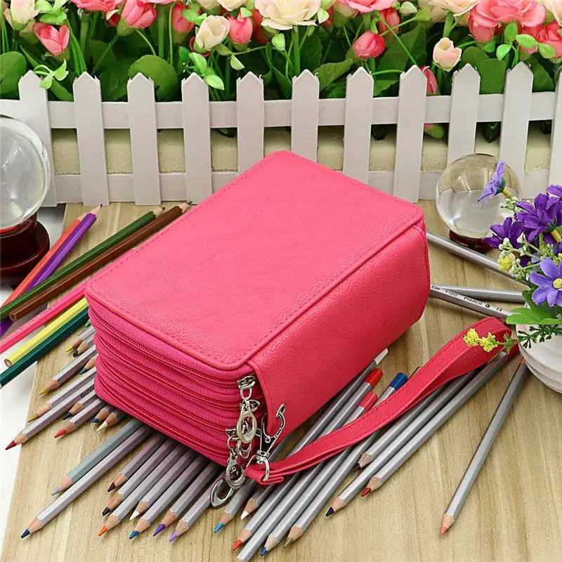 Чехол для карандашей из искусственной кожи с 72 держателями, сумка для хранения, цветные карандаши, акварель, для студентов с застежкой-молнией - Цвет: rosered pu 72