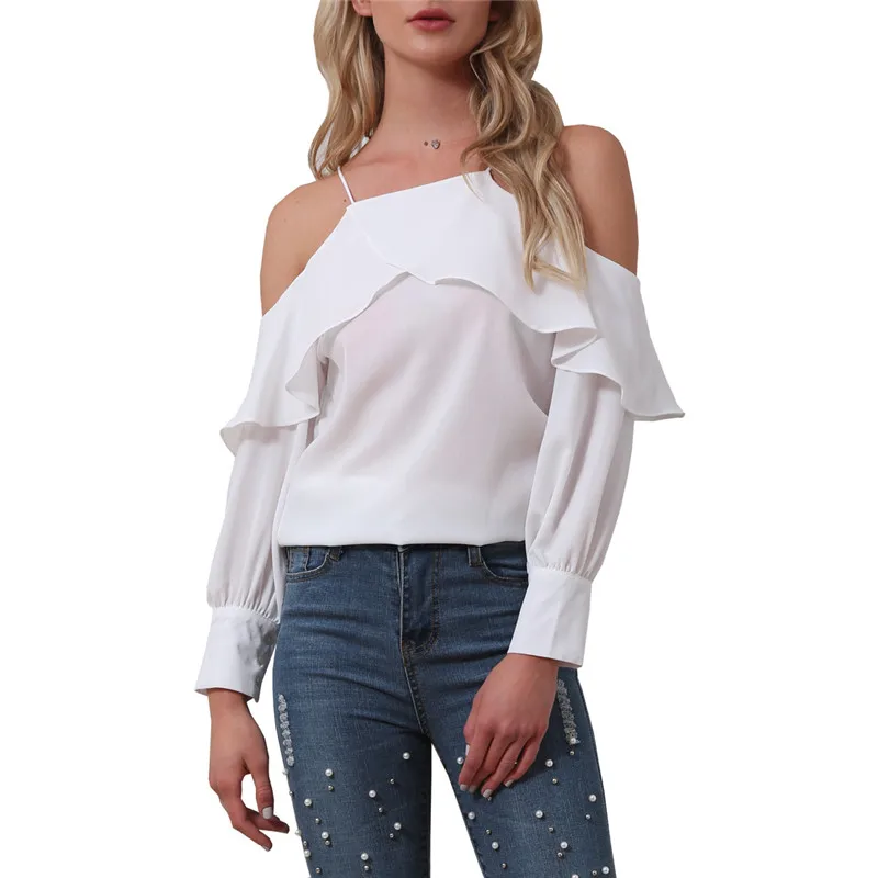Sexy new strap shoulder ruffled long sleeve shirt blouse (6)