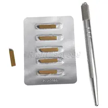Ручная ручка для татуажа бровей алюминий+ 5 шт. 14 штифтов лезвия иглы постоянный макияж микроволокна Серебряная ручка наборы