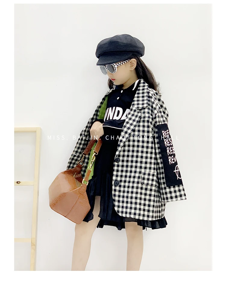 Baby girls plaid blazer coats spring autumn new Patch letter outerwear tops for children clothes teenage jackets ws904