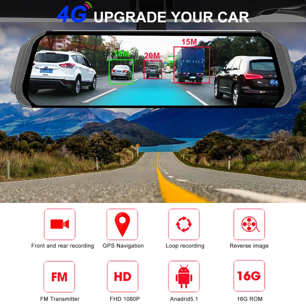 Автомобильный видеорегистратор Bluavido 10 дюймов 4G Android FHD 1080P GPS ADAS WiFi BT зеркало