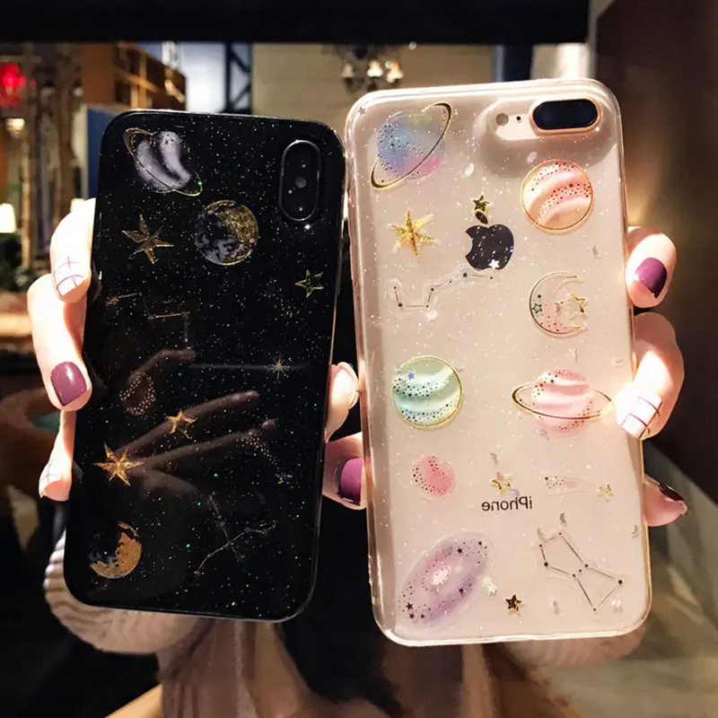 

Glitter Powder Moon Phone Case For IPhone x 8 7 6 6s Plus Universe Planet Star Transparent Back Cover For IPhone X XS Max Cases