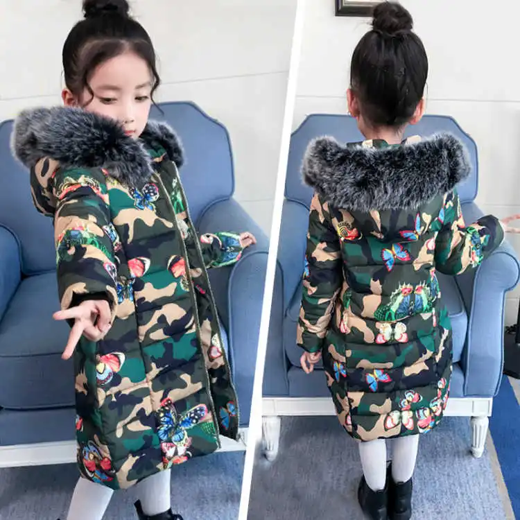 

Girls Fashion Camouflage Cotton Padded Jacket 2018 Winter Children's Long Printing Warm Wadded Coat Kids Hooded Outerwear A797