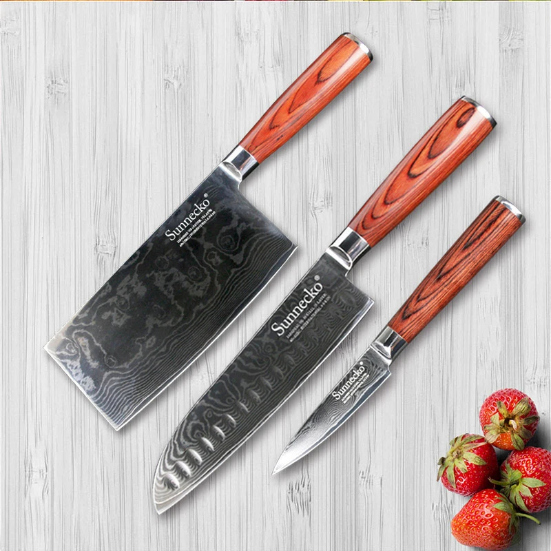 SUNNECKO 3PCS Kitchen Knives Set Cleaver Santoku Paring Chef Knife
