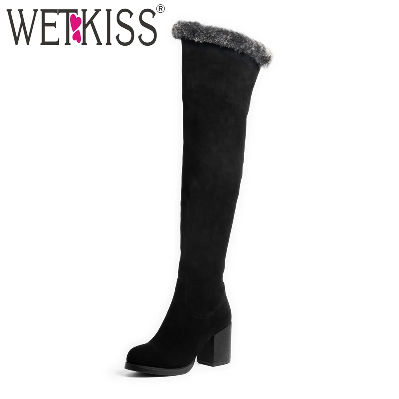 

WETKISS Full Leather Suede Rabbit fur Over the Knee Boots for Women Square High Heels Thigh High Winter Boots Zipper Shoes Woman