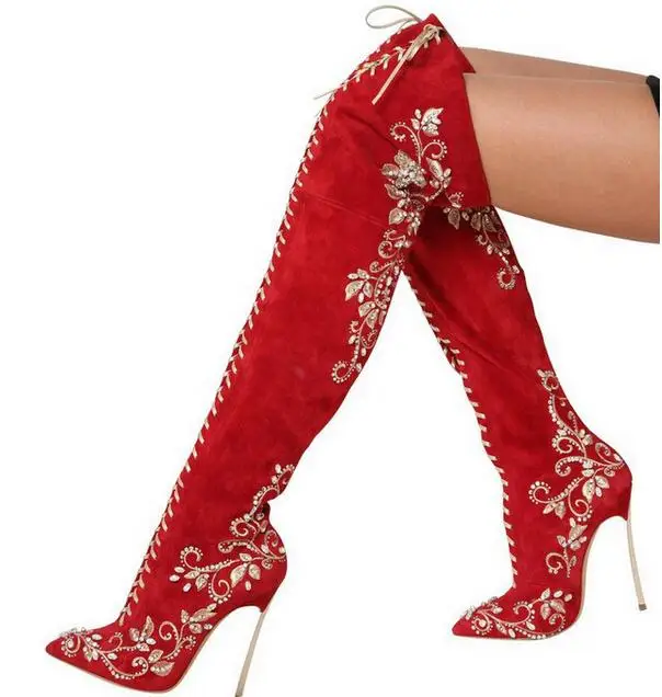 Gorgeous red suede pointed toe metal stiletto heel over the knee boots ...