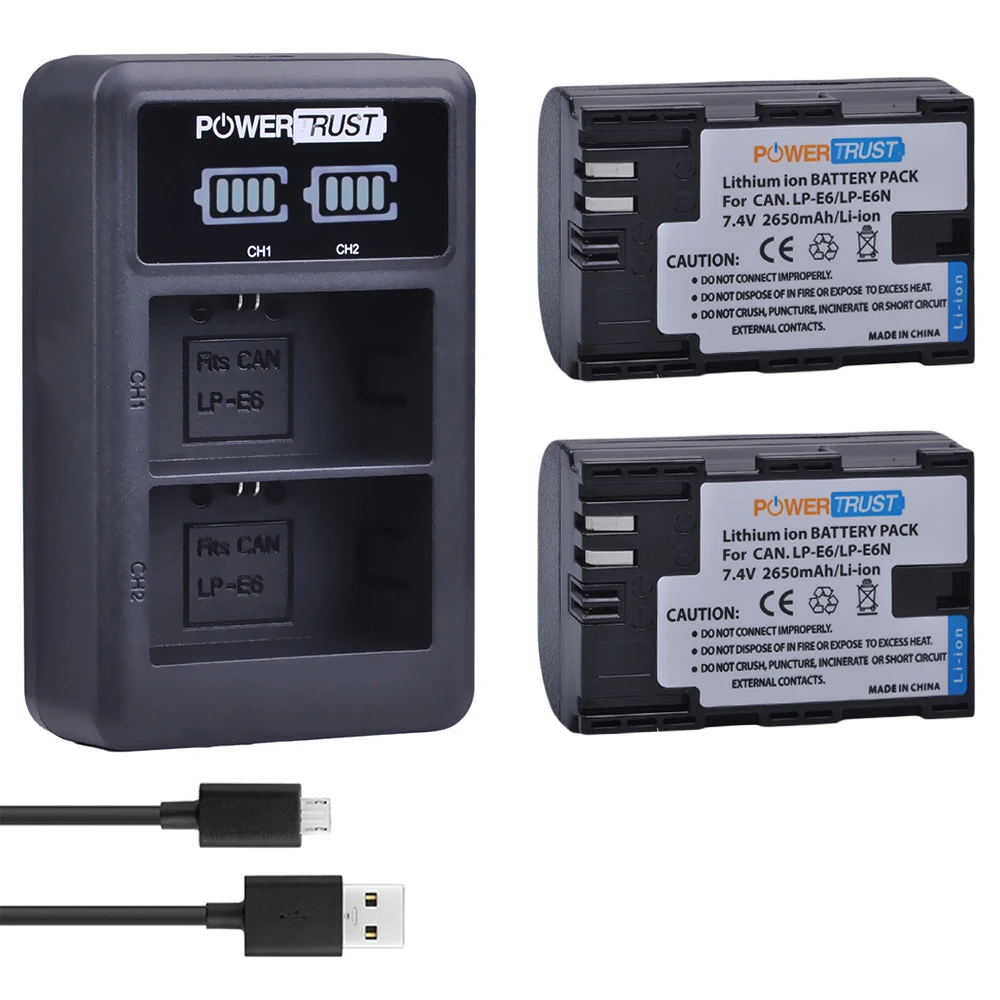 2Pcs 2650mAh LPE6 LP E6 LP E6 Camera Batteries + LED USB Dual Channel