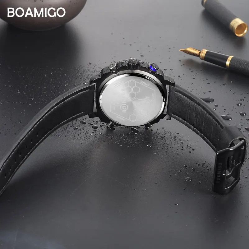 BOAMIGO Брендовые мужские спортивные часы модные кварцевые светодиодный цифровые наручные часы водонепроницаемые кожаные часы Reloj Hombre relogio masculino