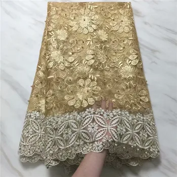 

Good quality french lace fabric with beads stones African lace fabric latest tulle laces fabrics for 5 yards dress material gold