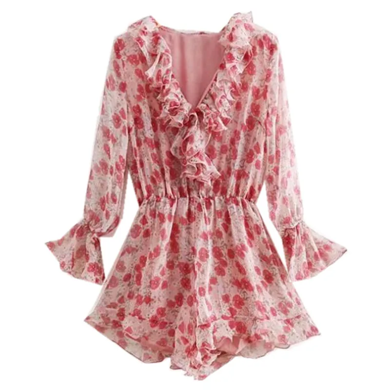 2019  Sweet Long sleev Floral Print Jumpsuit Pink Women Wood Ear Ruffles V neck Short Romper Overalls Bodysuit