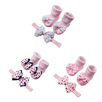 

NewCotton Dot 0-12M 3 colors Cute Newborn Baby Cute Cartoon Bowknot Design Cotton Socks With Hairband Photography Props Set