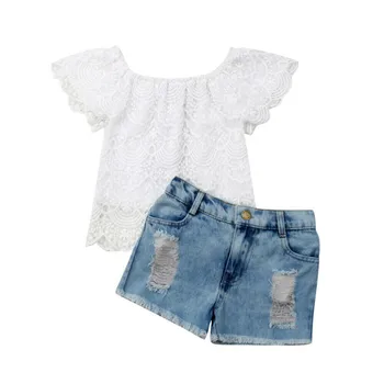 

Kids Baby Girl Sets Clothes Shore Sleeve Lace Flower T-Shirts Denim Button Shorts Summer 2Pcs Fashion Girl Outfits 1-6Y