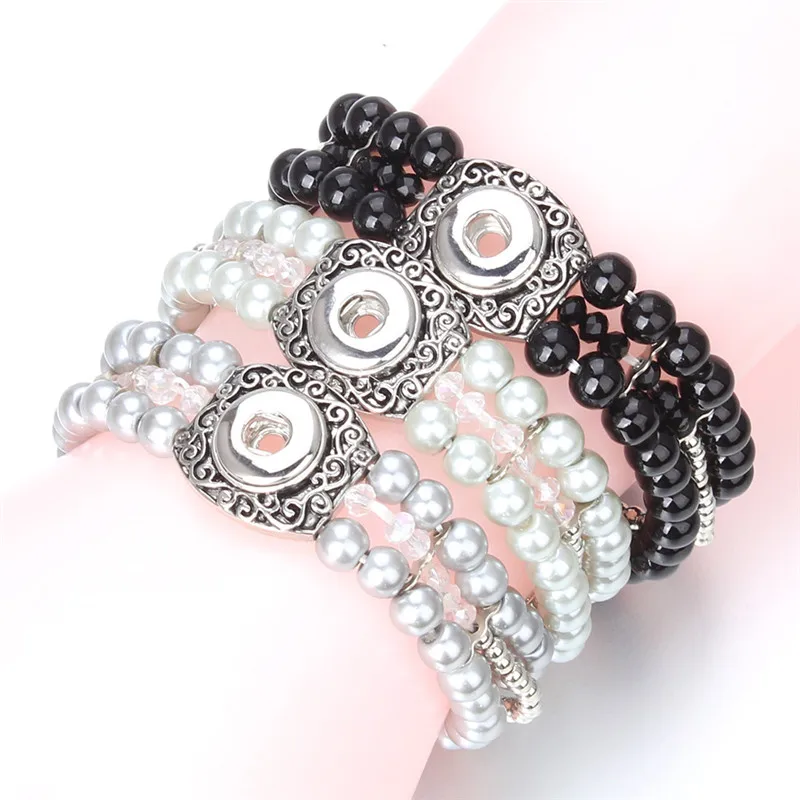 

Fashion Snap Jewelry 12mm Adjustable Elastic Snap Button Bracelet Double-deck Beads Bangles For Women Gift ZE605A