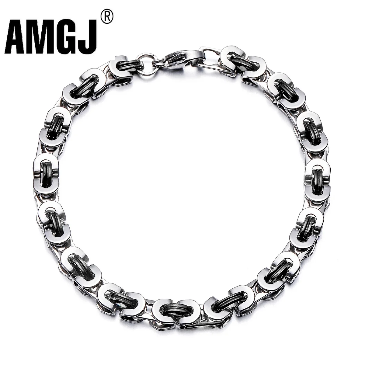 

AMGJ Byzantine Chain Bracelet for Men Black Silver Color Stainless Steel Chain Link Bracelets Hip Hop Rock Party Jewelry Gifts