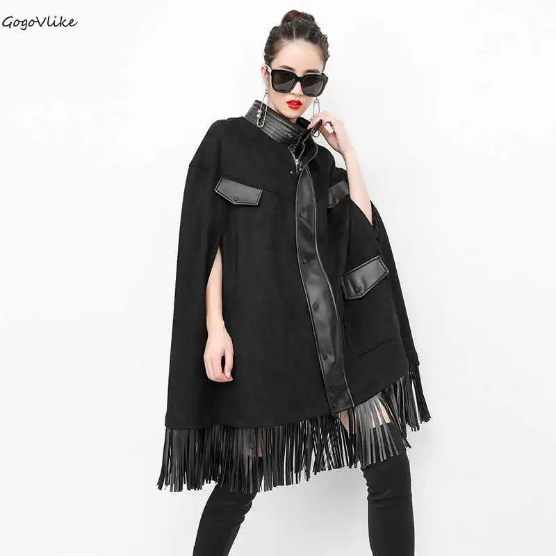 

Black Tassel Cloak High Collar Trench Coat 2018 New Handsome punk Outwear Women Winderbreaker Patchwork Big Size Autumn LT618S50