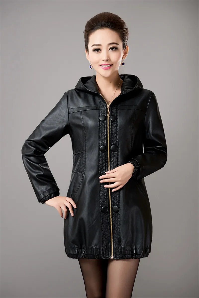 Большие размеры, Женская куртка из искусственной кожи, Осень-зима, длинная Повседневная мотоциклетная кожаная куртка, Женская коричневая куртка с капюшоном, L-5XL, A222