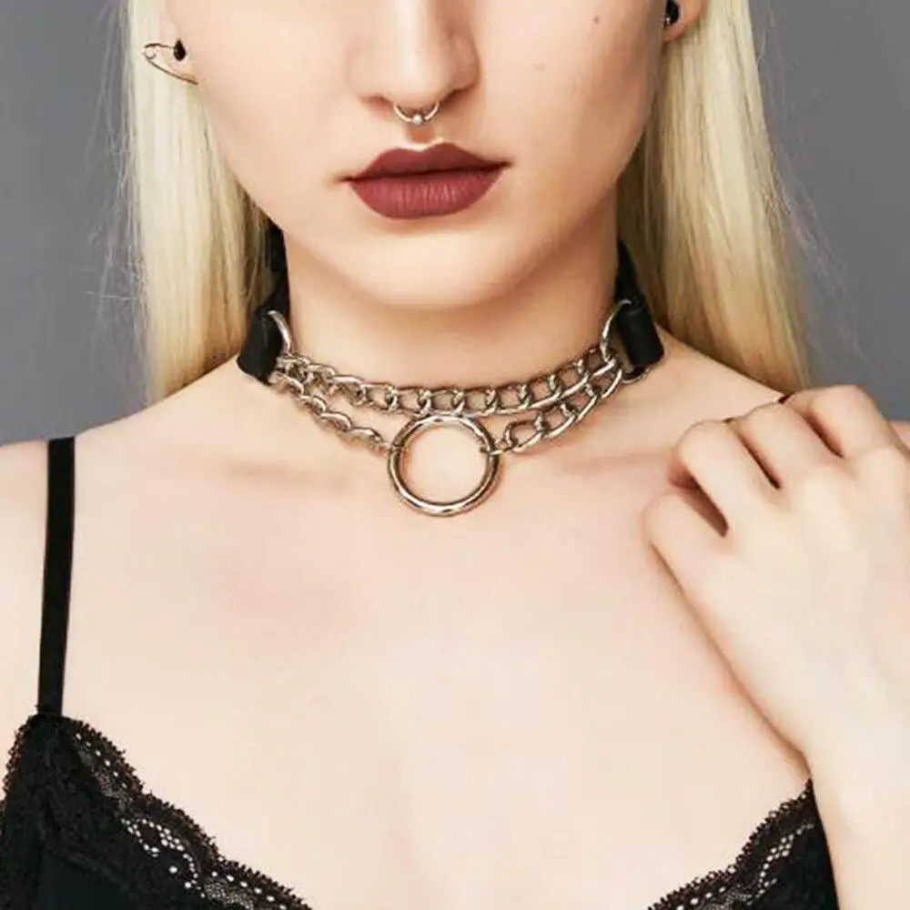 

New Fashion Women Cool Choker Harajuku Fetish O-ring Metal Silver Chains Collar Bondage Harness Chocker