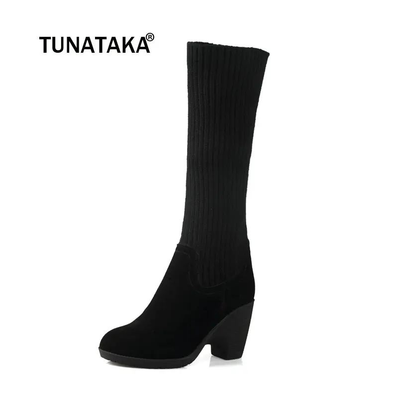

Female Suede Comfort Thick Heel Knee High Boots Fashion Round Toe Winter Stretch Sock Shoes Black