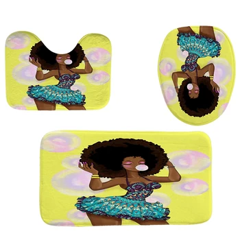 

4Pcs Home Bathroom Decor Set Bathroom Bubble Girl Pattern Toilet Seat Cover Bath Mat Set+ Waterproof Shower Curtain