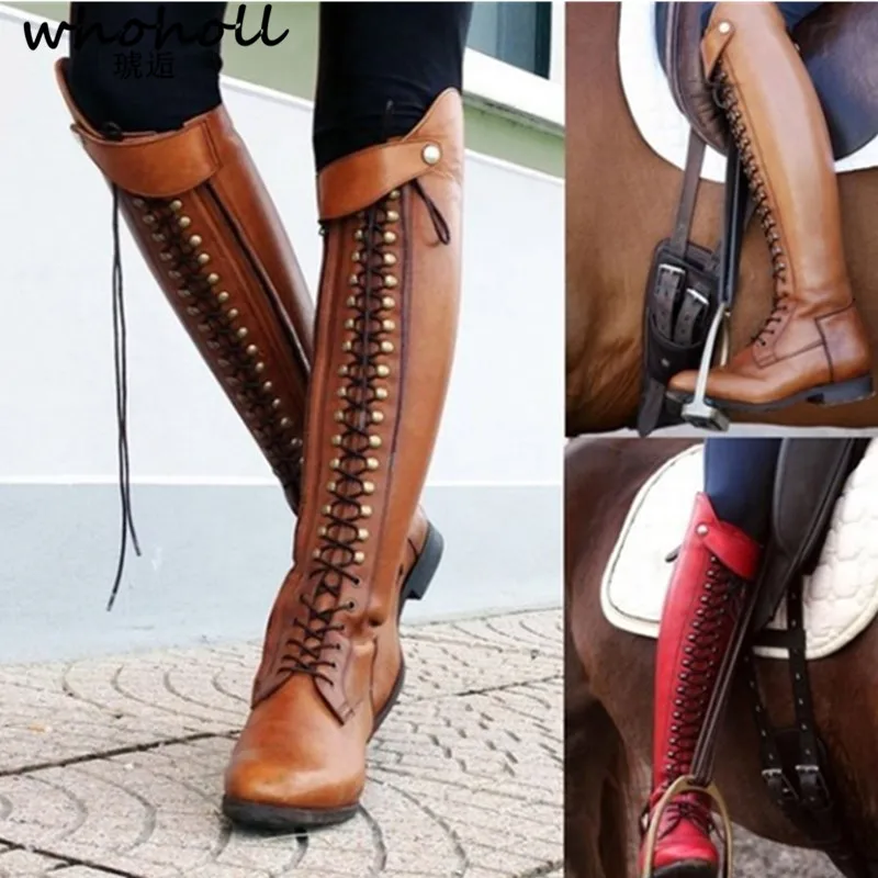 

WHOHOLL Autumn Winter New Long Tube Women Boots Keep Warm Thigh Knee High Boots Lace Up Zip Thread Rivet Flat Long Riding Boots