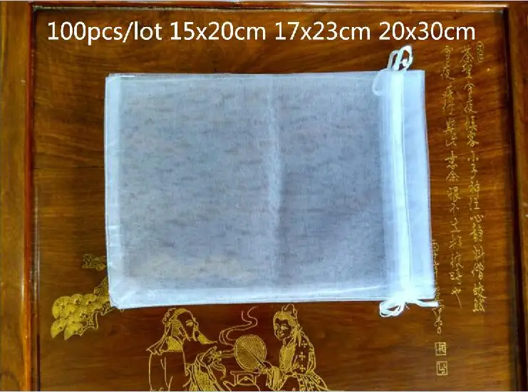 100 шт./лот 15x20 17x23 20x30 см Большой размер мешки из органзы на шнурке мешок Свадебные