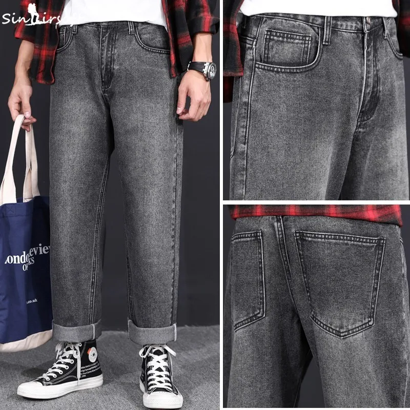 Большие размеры, джинсовые широкие брюки, мужские свободные джинсы длиной до щиколотки, высокие уличные однотонные брюки для скейтборда, мужские летние штаны для папы, Новинка