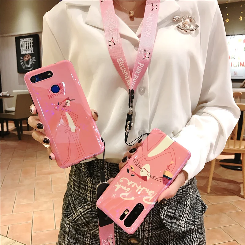 

For Huawei P30 Case, Blue Ray cute pink panther Soft back phone Cover for Huawei P20 pro mate 20 20X nova4 nova3i V20 + Strap