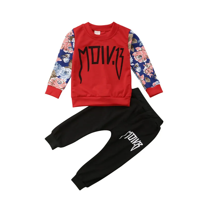 

Casual baby long sleeves spring and autumn red and blue stitching alphabet clothes children's clothing two set boys