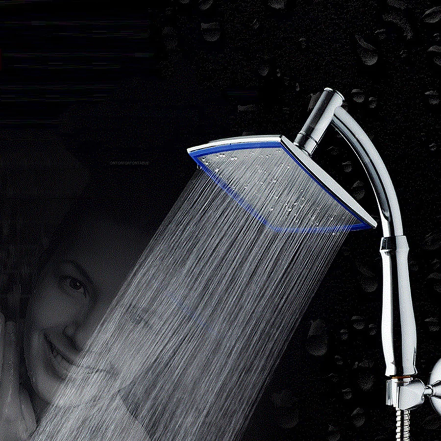 

Blue Square Hand held Shower Head Big Water Current Rainfall Shower Rotate 360 Degree ABS Plastic Material Stainless Steel Panel