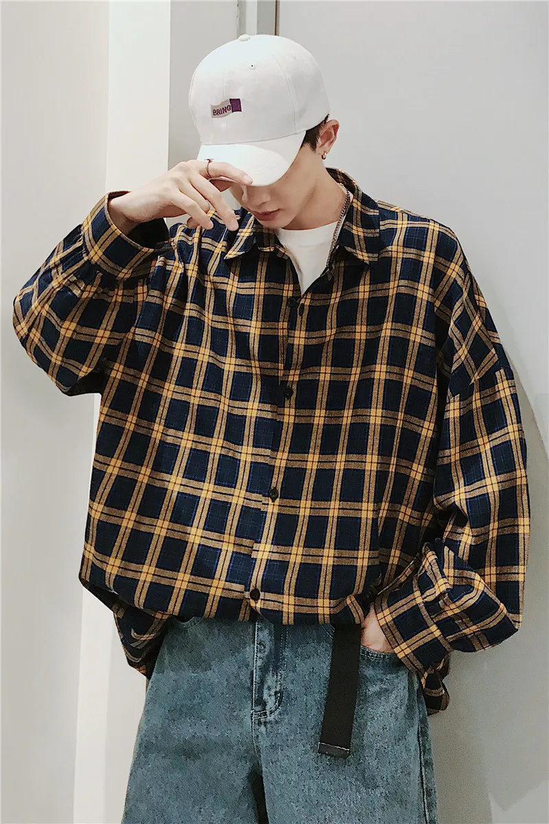 

Fashion Casual Men's Long Sleeve Shirt Spring And Autumn New M-XL Plaid Loose Top Jacket Tricolor Personality Youth Popular