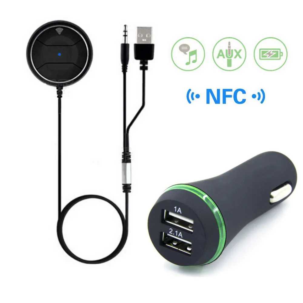 

kebidumei 3.5mm Bluetooth 4.0 HandsFree Stereo Car NFC AUX Kit Music Aux Speakerphone Car Kit with 3.1A Dual USB Car Charger