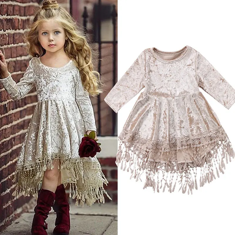 

Vintage Princess Kids Baby Flower Girls Dress Velvet Tassel Party Dress Gowns