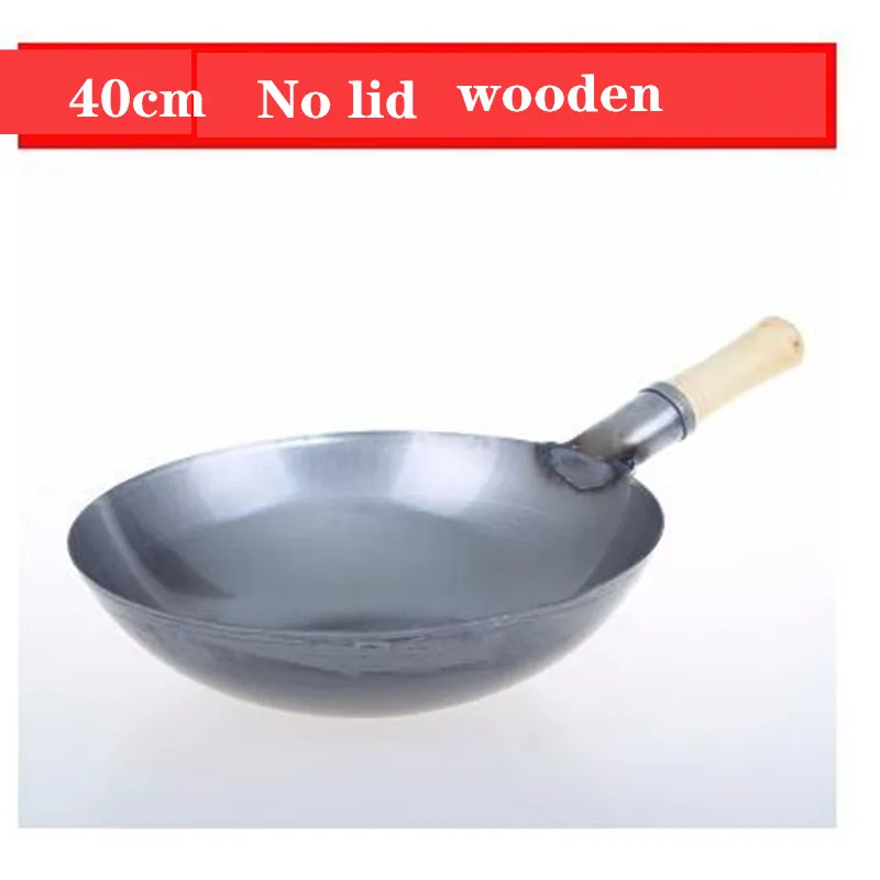 Китайский стиль, традиционная железная кастрюля ручной работы, утолщенная, не покрытая, с круглым дном, сковорода wok cook, большая кастрюля для приготовления пищи, с деревянной ручкой, крышка/5
